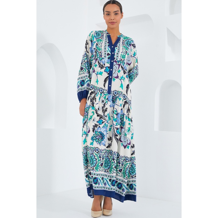 Kadın Lacivert Yeşil Viskon Tesettür Elbise 2423