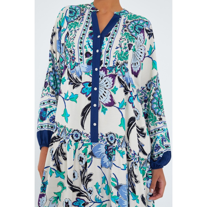 Kadın Lacivert Yeşil Viskon Tesettür Elbise 2423