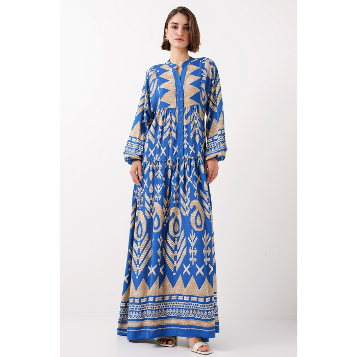 2423 Otantik Desenli Tesettür Elbise - F.Mavi