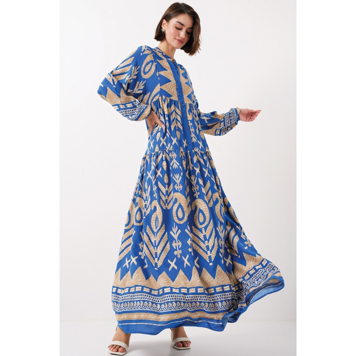 2423 Otantik Desenli Tesettür Elbise - F.Mavi