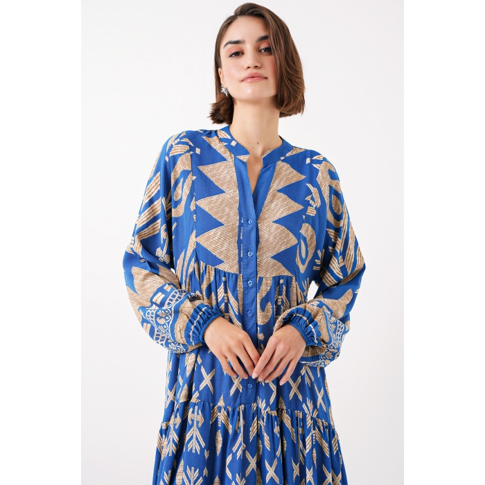 2423 Otantik Desenli Tesettür Elbise - F.Mavi