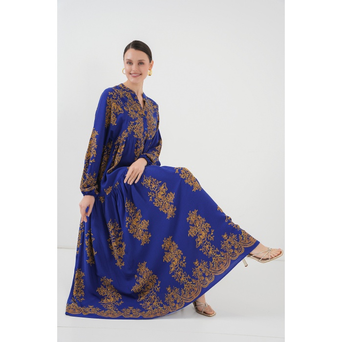 Saks Gold Desenli Tesettür Elbise 2423