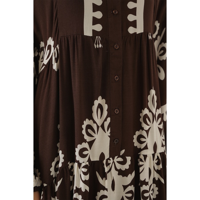 2423 Otantik Desenli Tesettür Elbise - Koyu Kahve