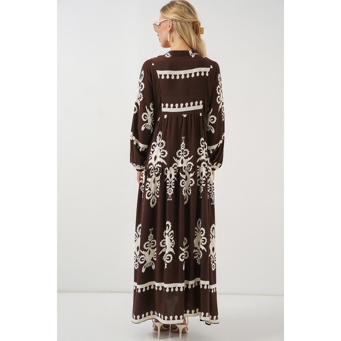 2423 Otantik Desenli Tesettür Elbise - Koyu Kahve