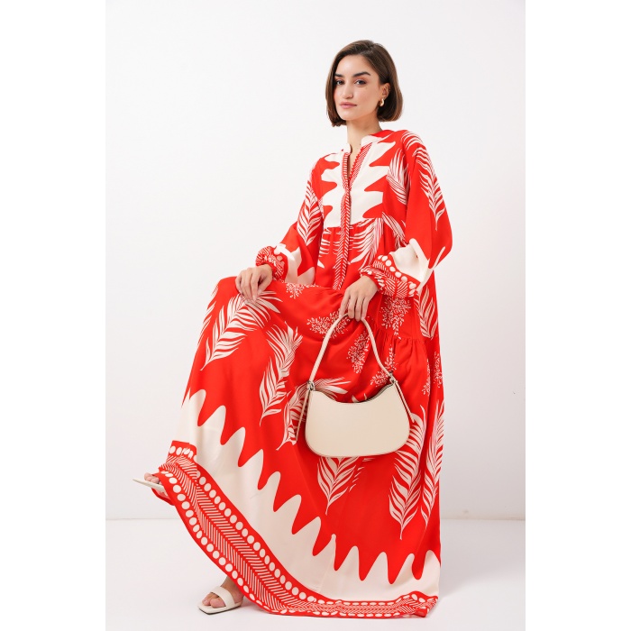 2423 Otantik Desenli Tesettür Elbise - M. Kırmızı