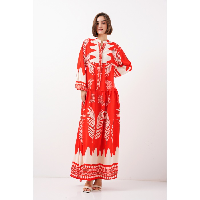 2423 Otantik Desenli Tesettür Elbise - M. Kırmızı
