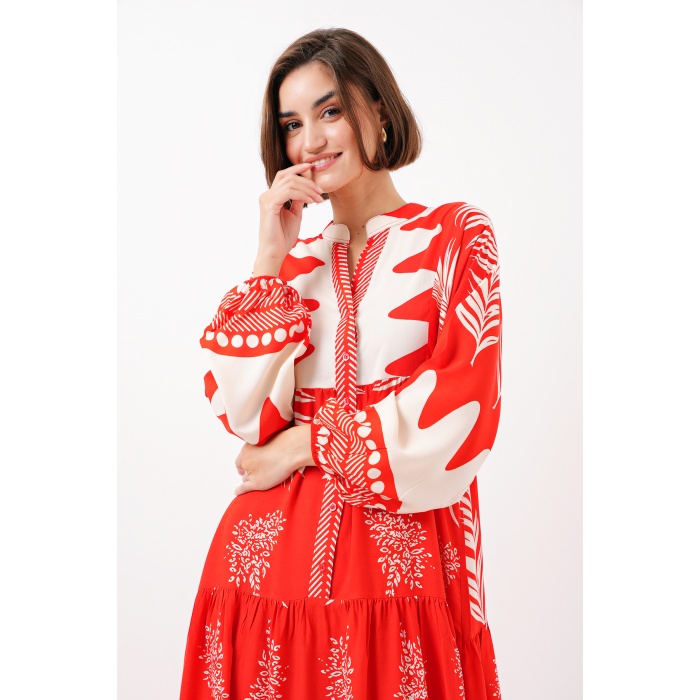 2423 Otantik Desenli Tesettür Elbise - M. Kırmızı