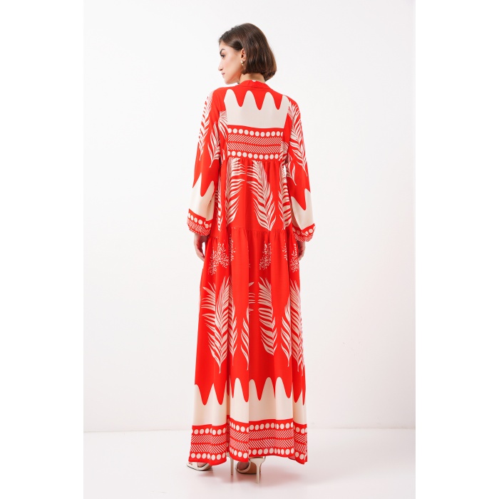 2423 Otantik Desenli Tesettür Elbise - M. Kırmızı