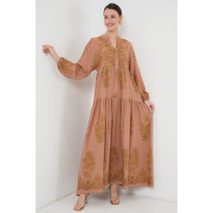 Vizon Gold Desenli Tesettür Elbise 2423