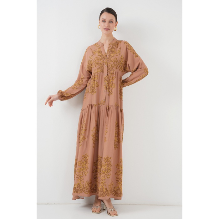 Vizon Gold Desenli Tesettür Elbise 2423