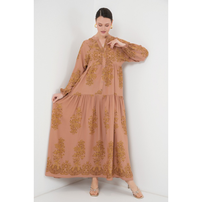 Vizon Gold Desenli Tesettür Elbise 2423