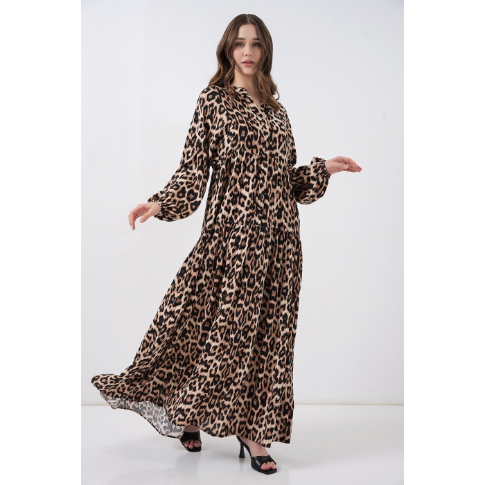 2423 Otantik Desenli Tesettür Elbise - E. Kahve