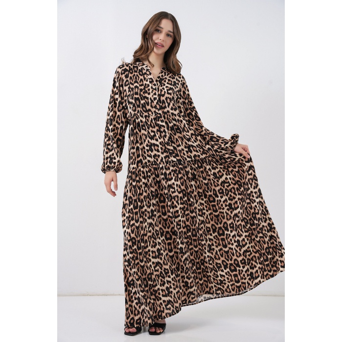 2423 Otantik Desenli Tesettür Elbise - E. Kahve