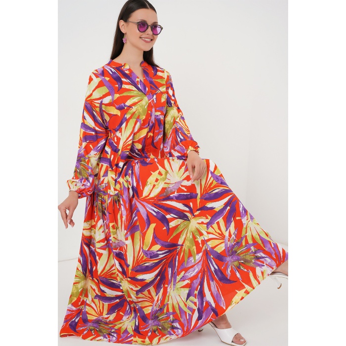 2423 Otantik Desenli Tesettür Elbise - B.Lila