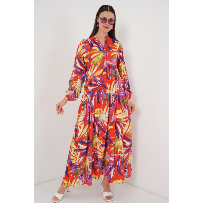 2423 Otantik Desenli Tesettür Elbise - B.Lila