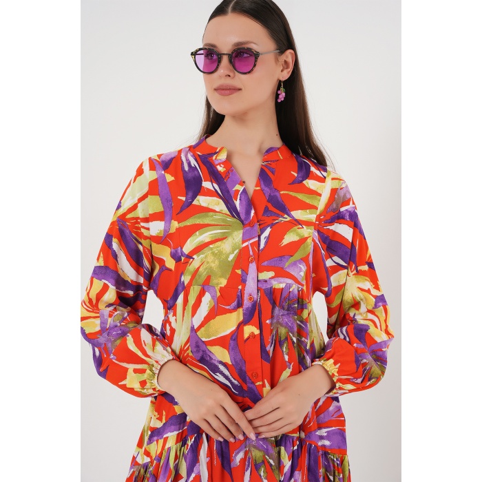 2423 Otantik Desenli Tesettür Elbise - B.Lila