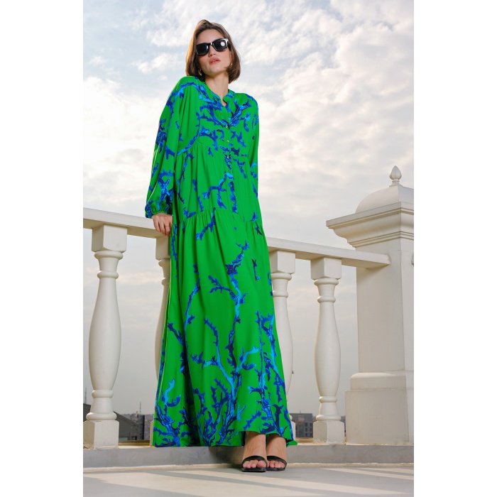 2423 Otantik Desenli Tesettür Elbise - Koyu Yeşil