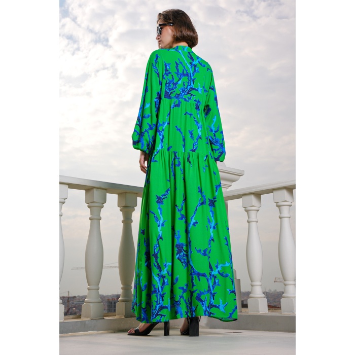 2423 Otantik Desenli Tesettür Elbise - Koyu Yeşil