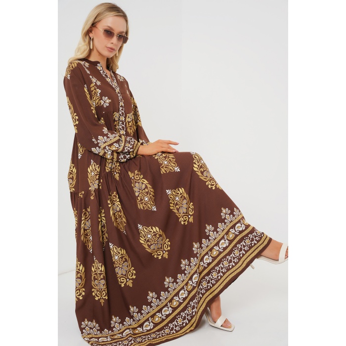 2423 Otantik Desenli Tesettür Elbise - Beyaz - Kahve