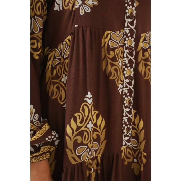 2423 Otantik Desenli Tesettür Elbise - Beyaz - Kahve