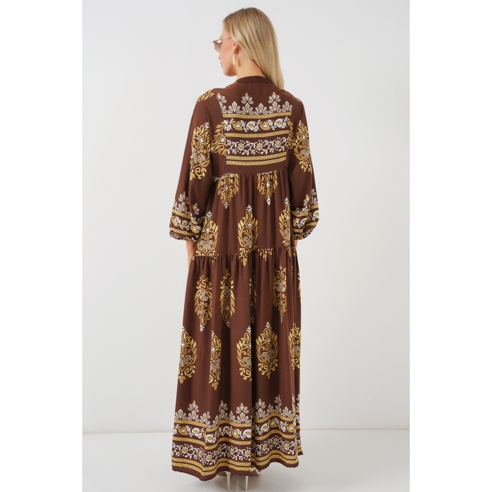 2423 Otantik Desenli Tesettür Elbise - Beyaz - Kahve