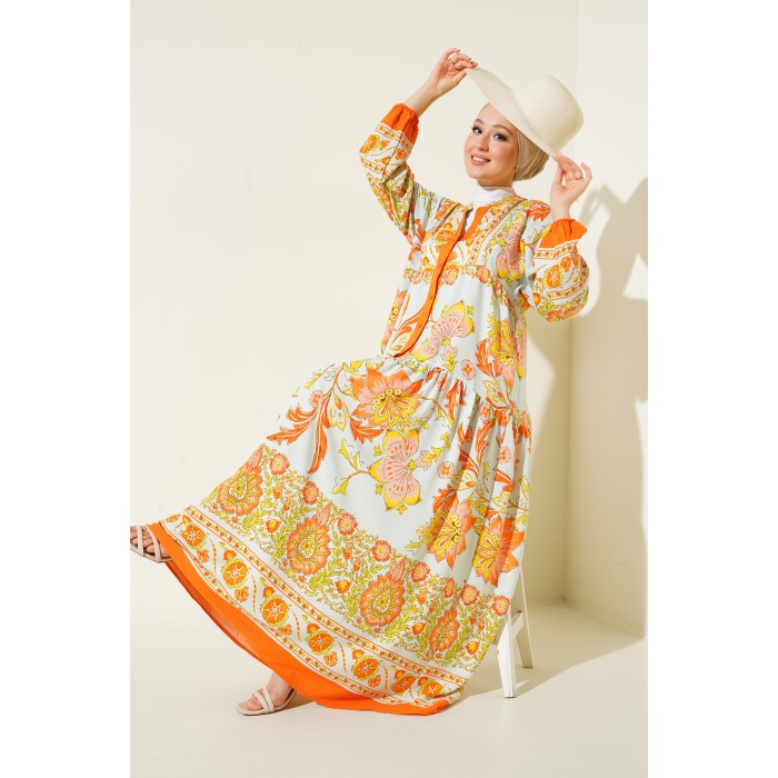 2423 Otantik Desenli Tesettür Elbise - Y.Turuncu