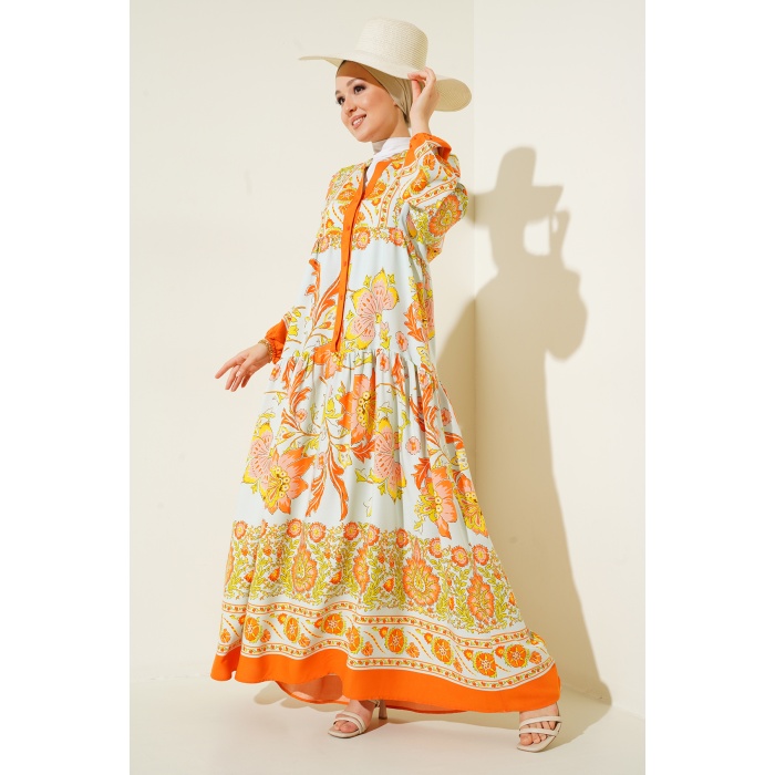 2423 Otantik Desenli Tesettür Elbise - Y.Turuncu