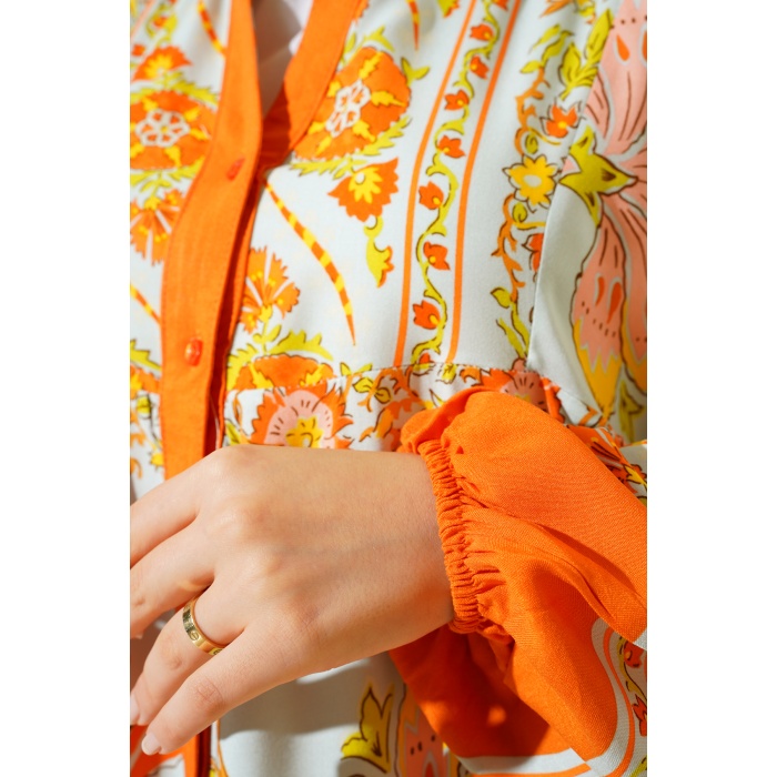 2423 Otantik Desenli Tesettür Elbise - Y.Turuncu