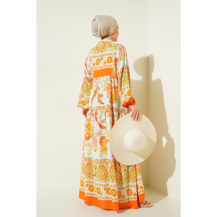 2423 Otantik Desenli Tesettür Elbise - Y.Turuncu