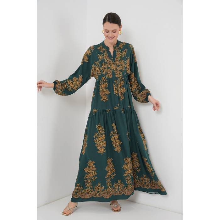 Zümrüt Yeşili Gold Desenli Tesettür Elbise 2423