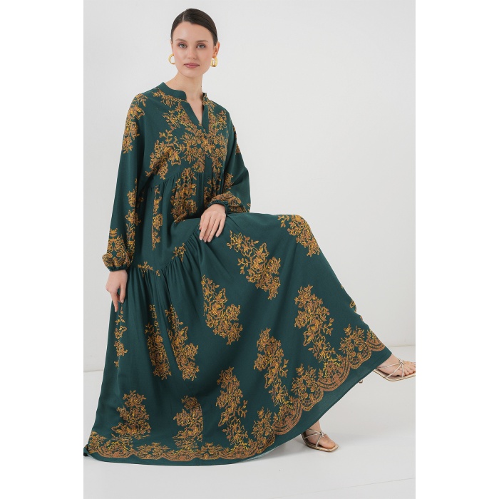 Zümrüt Yeşili Gold Desenli Tesettür Elbise 2423