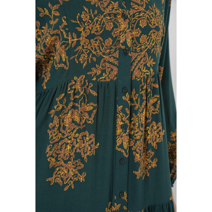 Zümrüt Yeşili Gold Desenli Tesettür Elbise 2423