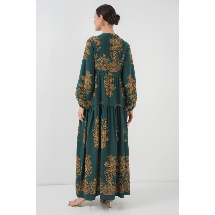 Zümrüt Yeşili Gold Desenli Tesettür Elbise 2423