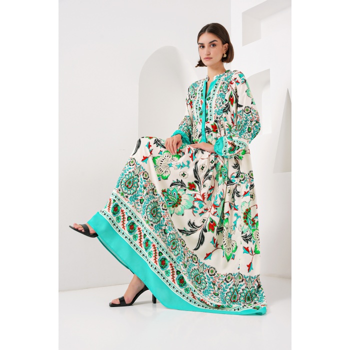 2423 Otantik Desenli Tesettür Elbise - Y.Yeşil