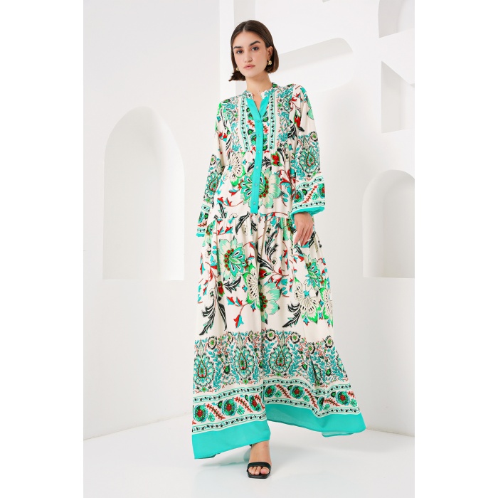 2423 Otantik Desenli Tesettür Elbise - Y.Yeşil