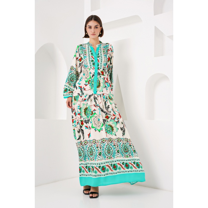 2423 Otantik Desenli Tesettür Elbise - Y.Yeşil