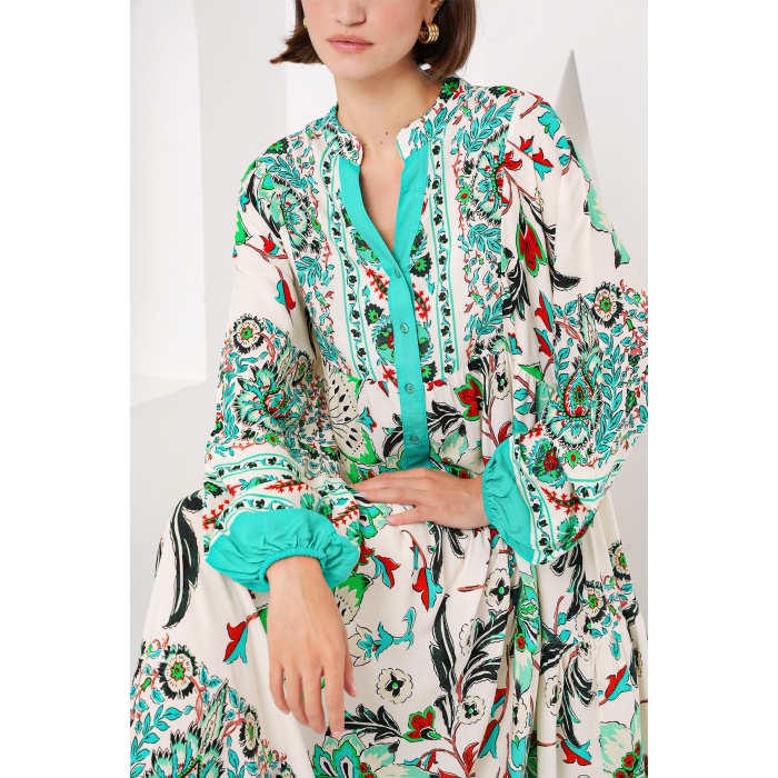 2423 Otantik Desenli Tesettür Elbise - Y.Yeşil