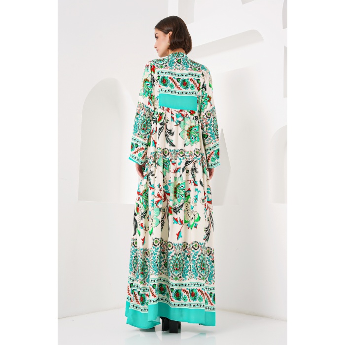 2423 Otantik Desenli Tesettür Elbise - Y.Yeşil