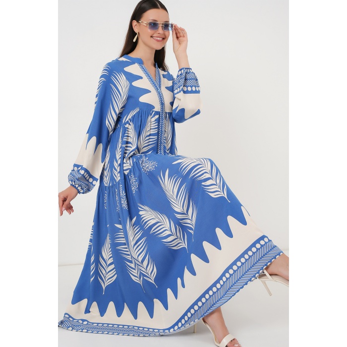 2423 Otantik Desenli Tesettür Elbise - H. İndigo