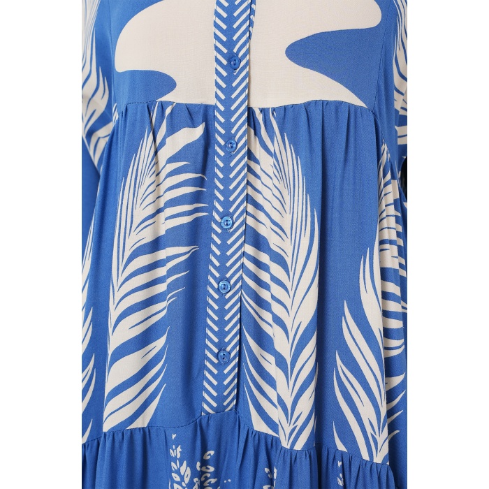 2423 Otantik Desenli Tesettür Elbise - H. İndigo