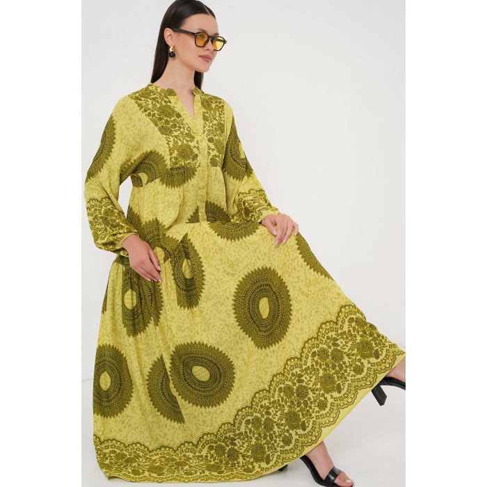 2423 Otantik Desenli Tesettür Elbise - Yağ Yeşili 2