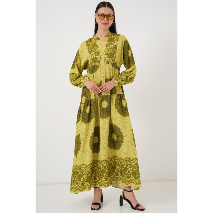2423 Otantik Desenli Tesettür Elbise - Yağ Yeşili 2