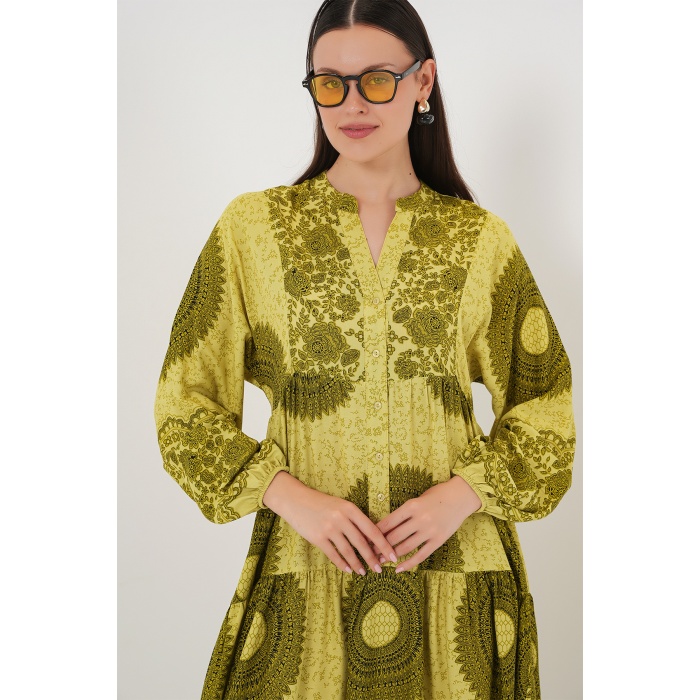 2423 Otantik Desenli Tesettür Elbise - Yağ Yeşili 2