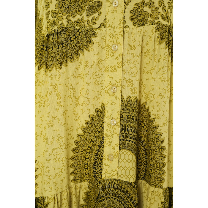 2423 Otantik Desenli Tesettür Elbise - Yağ Yeşili 2