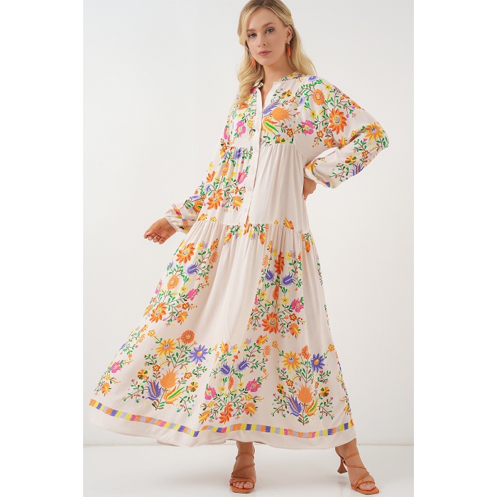 2423 Otantik Desenli Tesettür Elbise - B. Turuncu