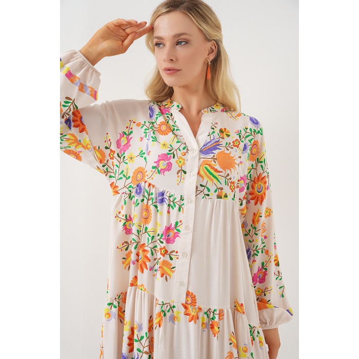 2423 Otantik Desenli Tesettür Elbise - B. Turuncu