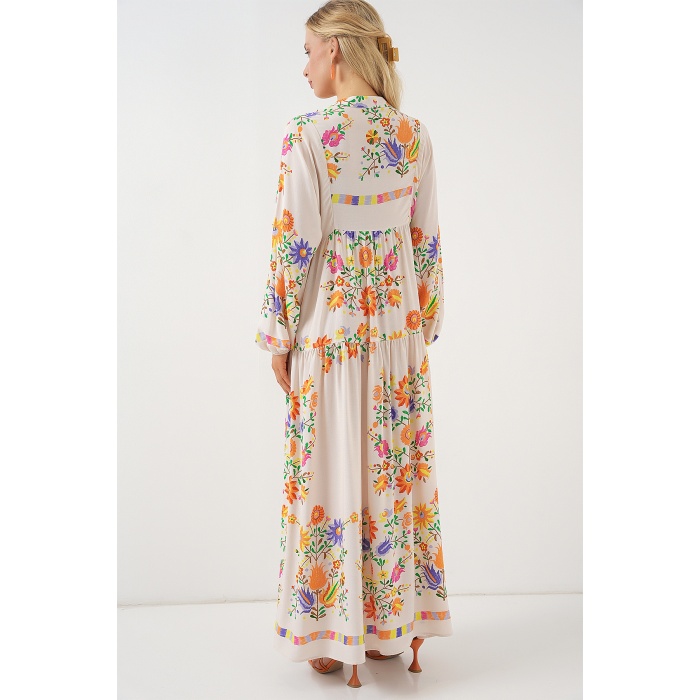 2423 Otantik Desenli Tesettür Elbise - B. Turuncu