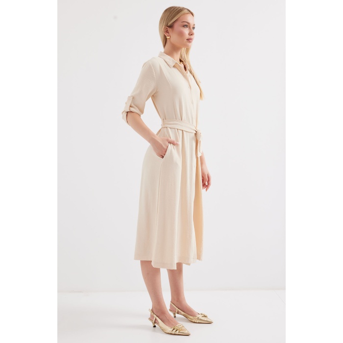 2442 Kuşaklı Gömlek Elbise - Krem