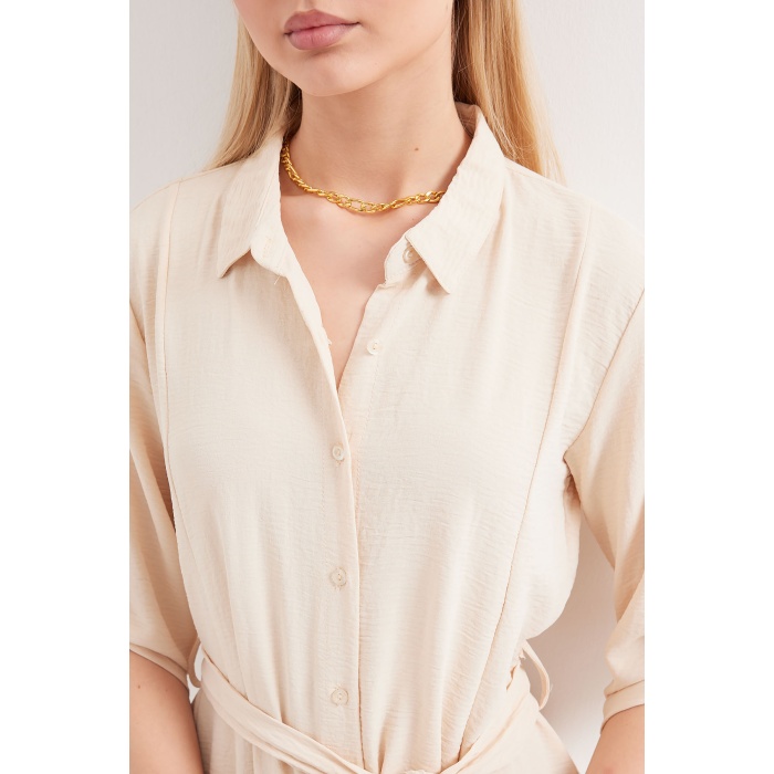 2442 Kuşaklı Gömlek Elbise - Krem