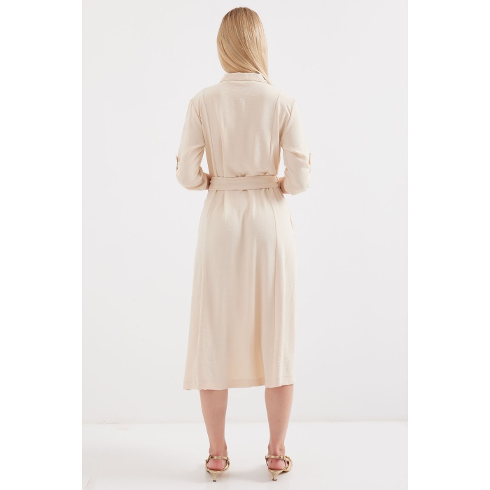 2442 Kuşaklı Gömlek Elbise - Krem